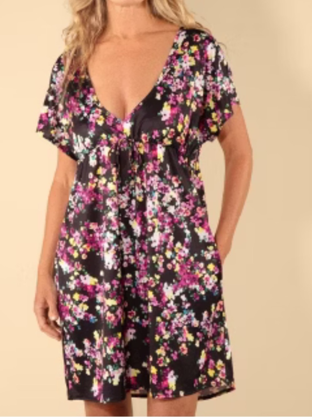 Lands’ End Floral Cover Up Dress L Black Pink Tie Front Swim Coverup NWT